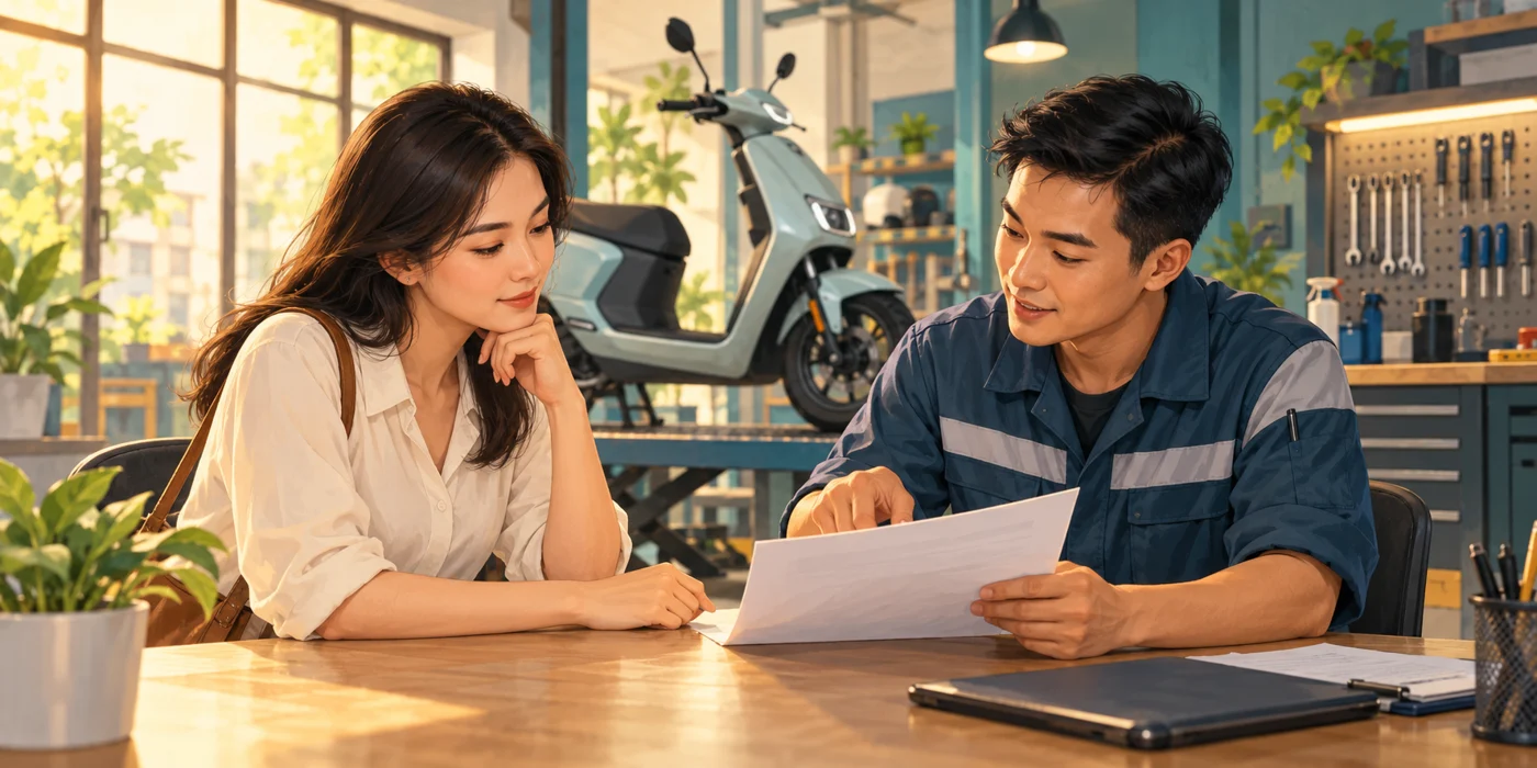 Minh họa AI khách hàng trao đổi phiếu bảo dưỡng với kỹ thuật viên tại xưởng