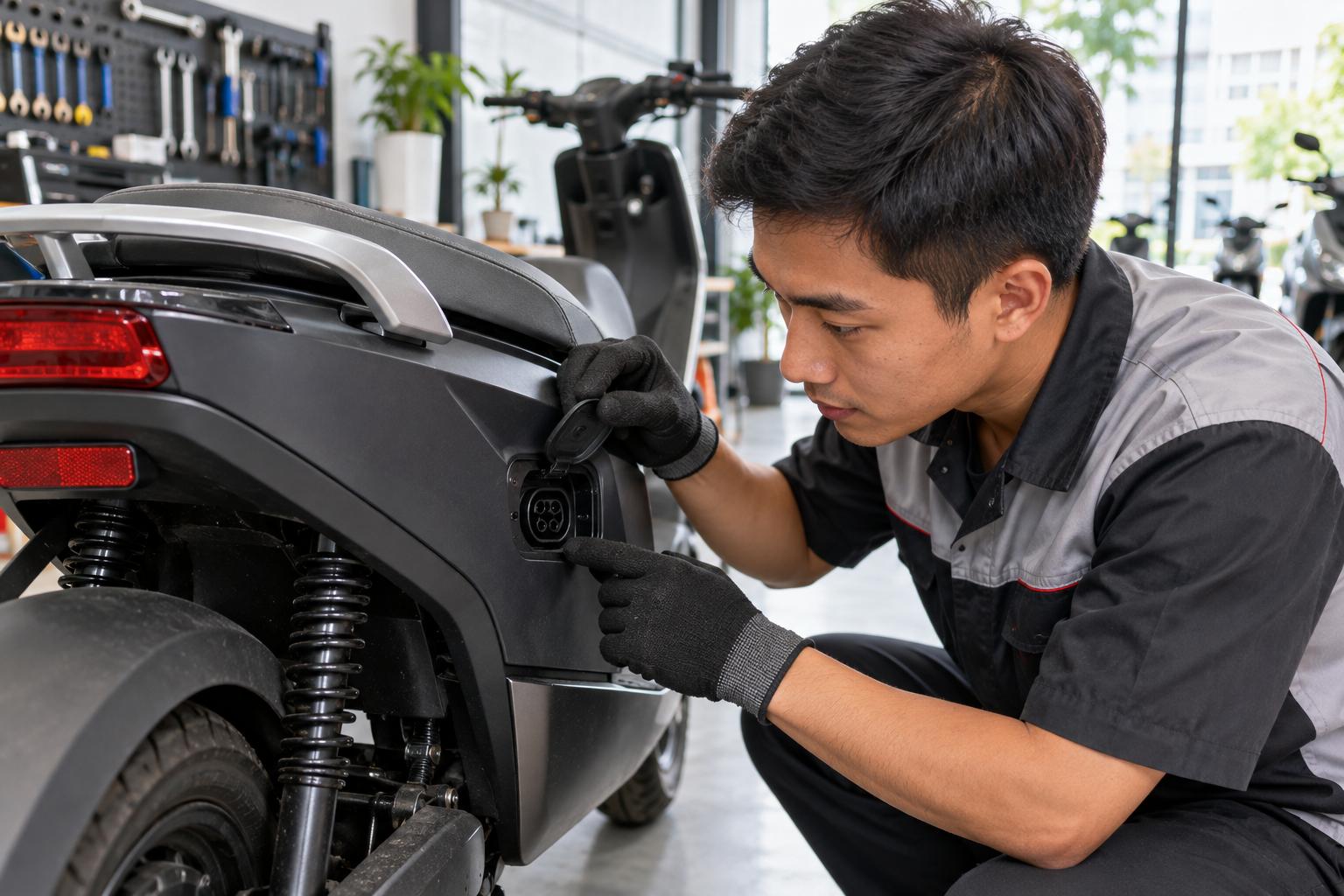 Kỹ thuật viên kiểm tra khu vực cổng sạc xe máy điện tại xưởng