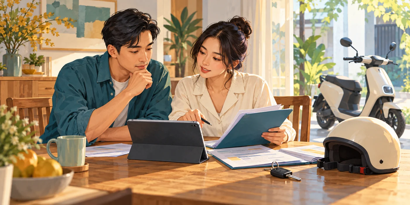 Minh họa AI hai người đối chiếu hồ sơ mua xe và điều kiện bảo hành