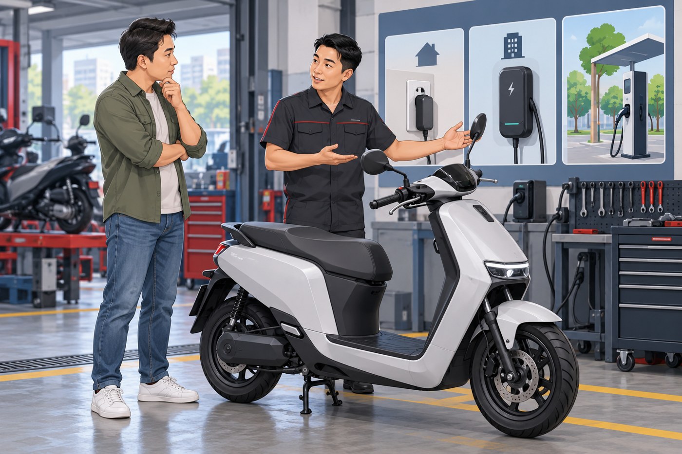 Minh họa AI khách hàng tìm hiểu phương án sạc xe máy điện tại cửa hàng
