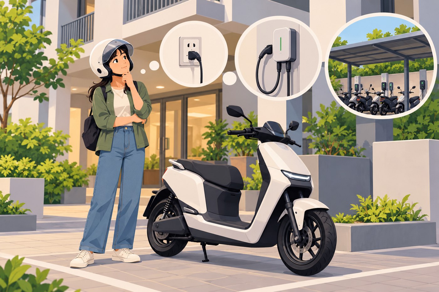 Minh họa AI người cân nhắc nơi sạc xe máy điện tại chung cư