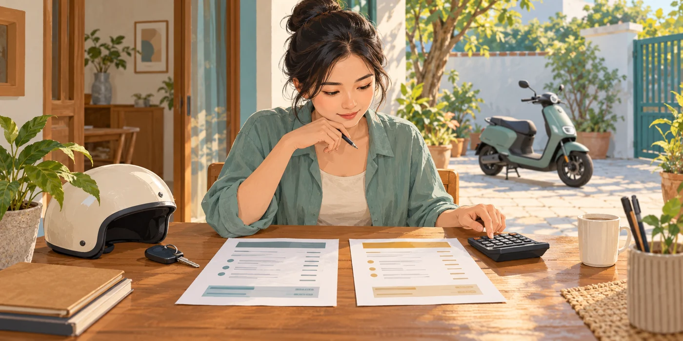 Minh họa AI người mua dùng máy tính đối chiếu hai báo giá xe điện
