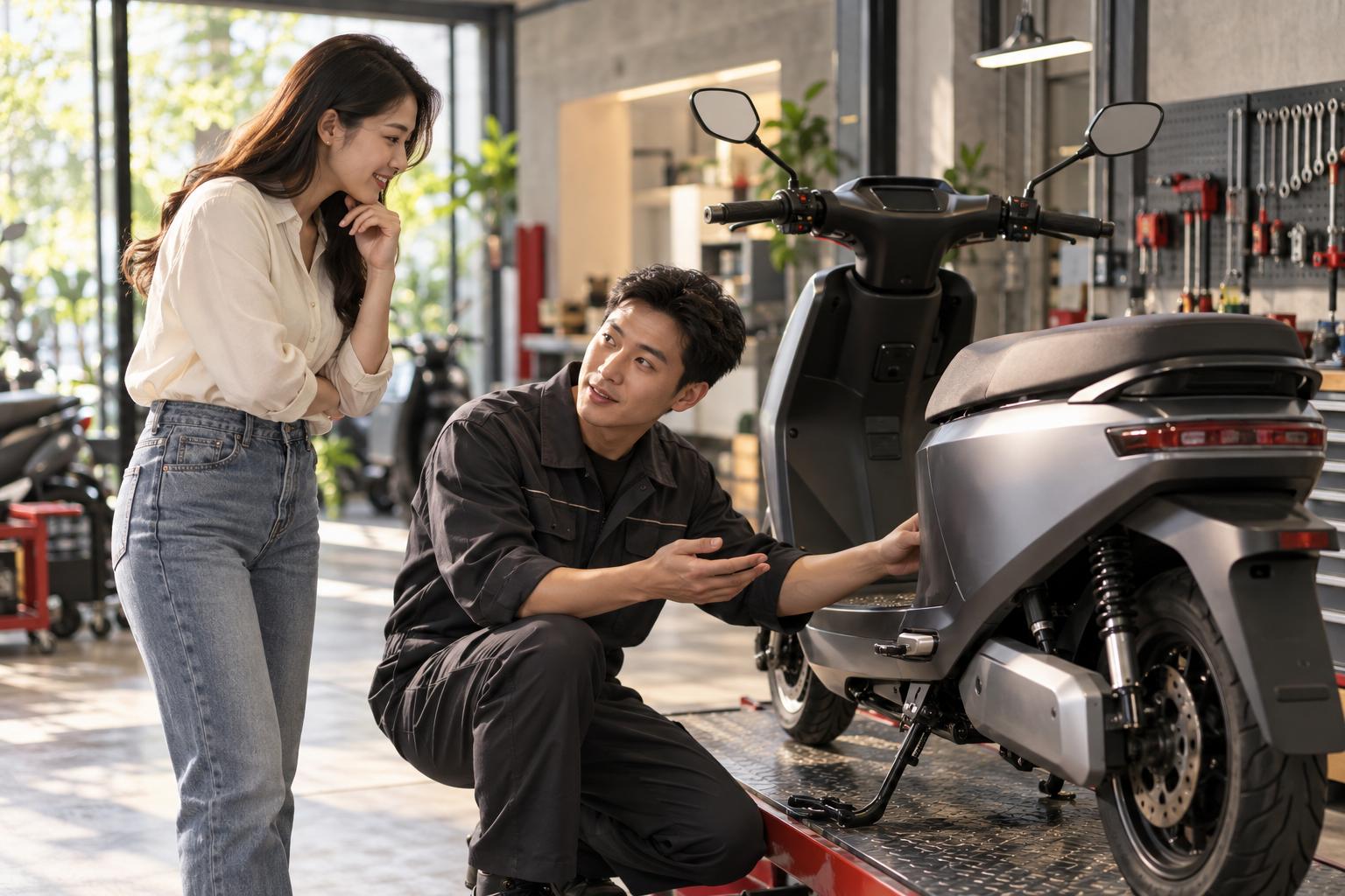 Kỹ thuật viên trao đổi với khách về bảo dưỡng xe máy điện tại xưởng