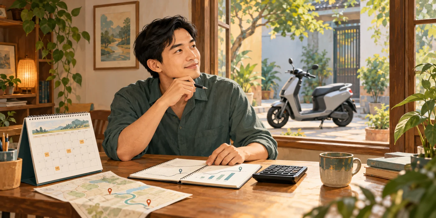 Minh họa AI người đi xe lập kế hoạch quãng đường bằng lịch và máy tính